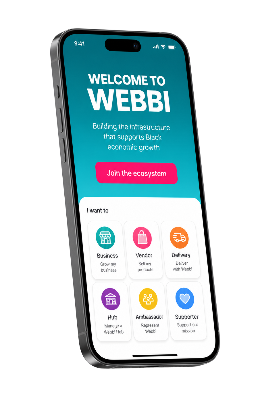 WeBBi app home screen on a phone